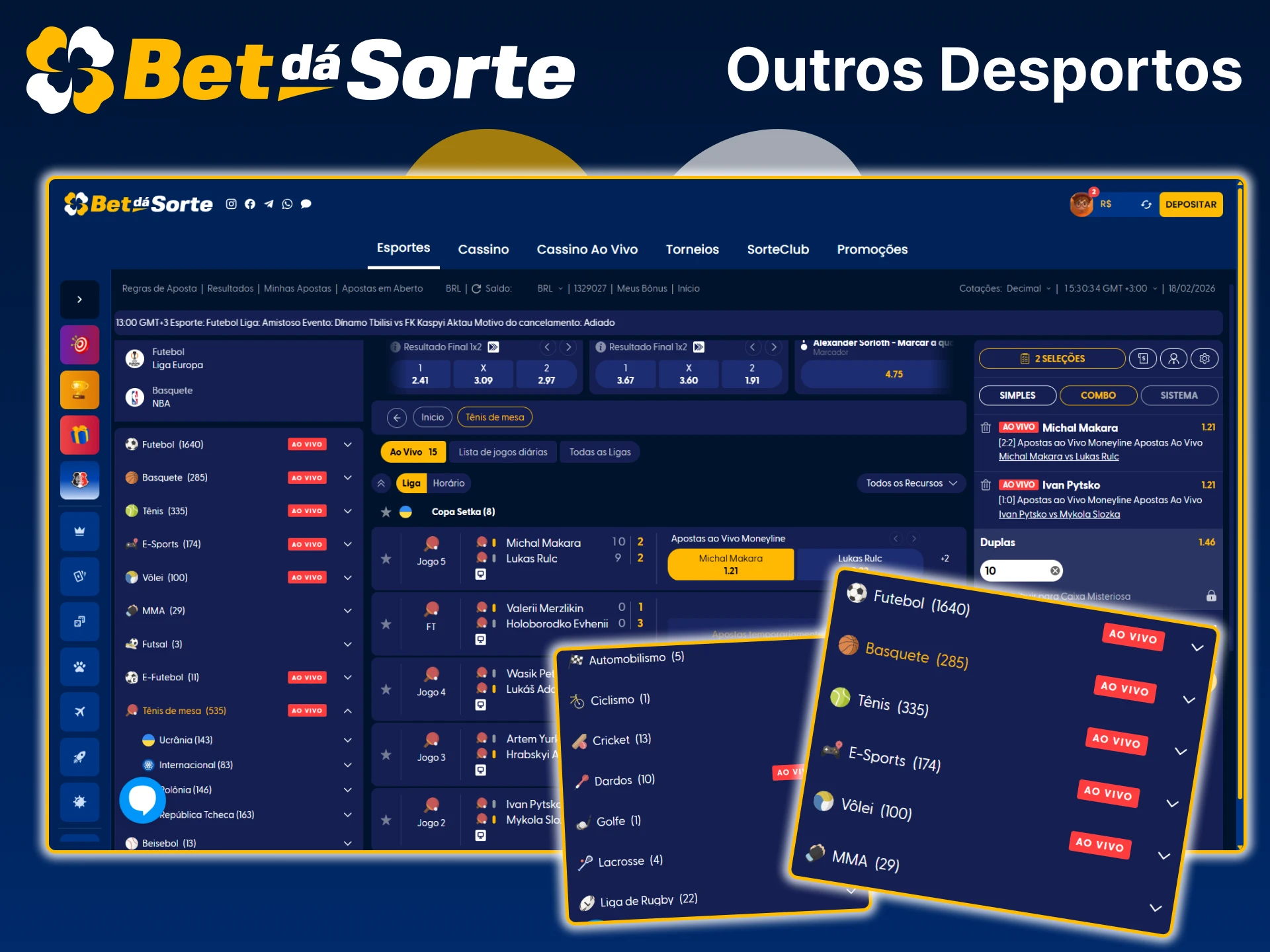 A Bet da Sorte oferece uma ampla variedade de desportos nos quais pode apostar.